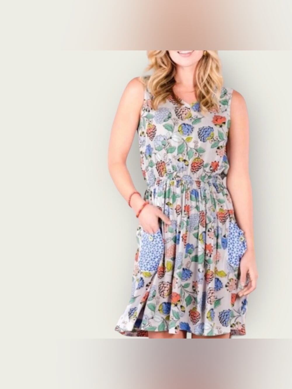 Matilda Jane Floral Sleeveless Dress Women’s Large Gray Boho Cottagecore Pockets